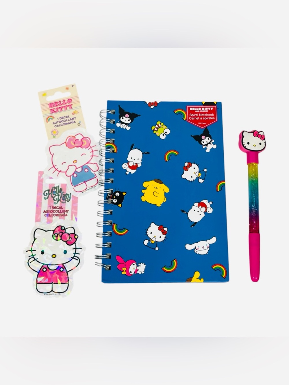 Hello Kitty Blue Spiral Notebook with Rainbow Characters & Pink Glitter Pen